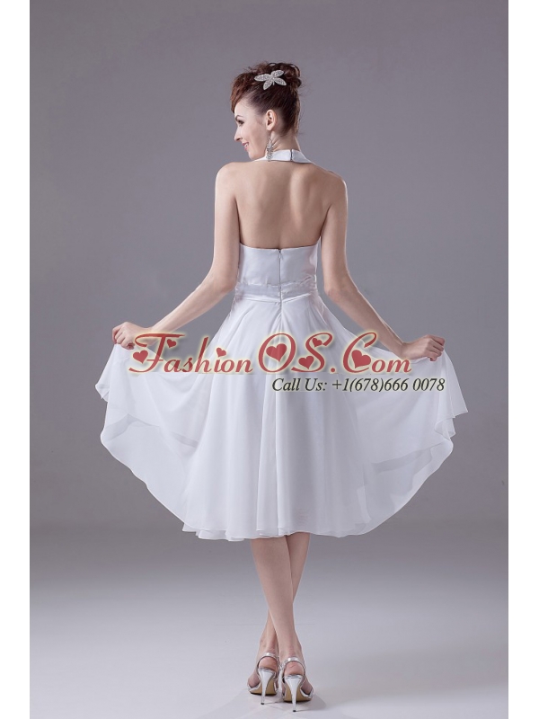 White Halter Empire Chiffon Tea-length Bridesmaid Dress