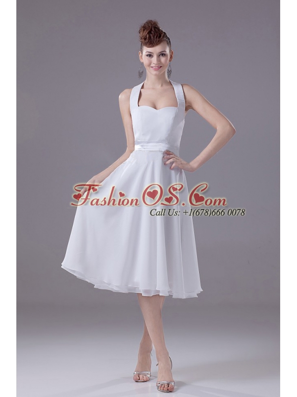 White Halter Empire Chiffon Tea-length Bridesmaid Dress