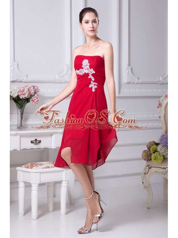 Appliques Decorate Bodice Strapless Chiffon Asymmetrical Wine Red 2013 Prom Dress