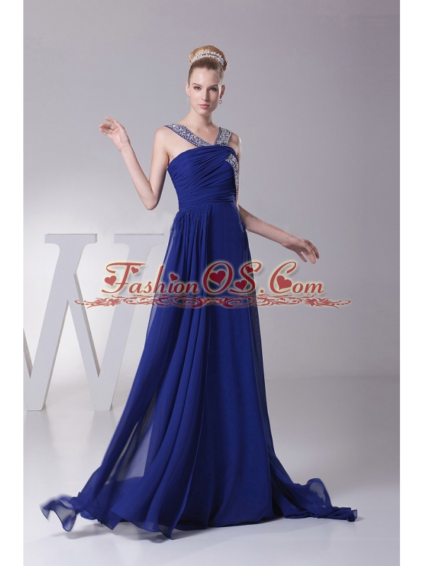 Beaded Decorate V-neck and Ruch For Blue Prom Dress With Brush Trian