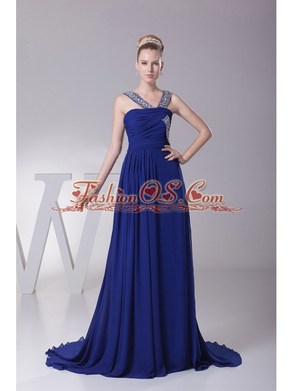 Beaded Decorate V-neck and Ruch For Blue Prom Dress With Brush Trian