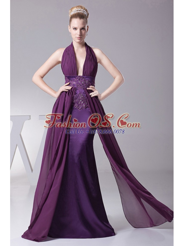Sexy Purple Prom Dress With Halter Ruch and Appliques