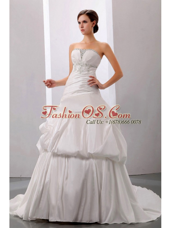 Beading A-Line / Princess Strapless Court Train Wedding Dress Taffeta