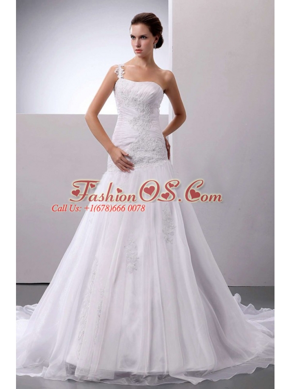 Brand New Wedding Dress With One Shoulder Appliques Court Train Organza