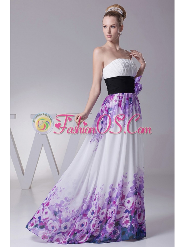 Printing Prom Dress With Hand Made Flowers and Ruch