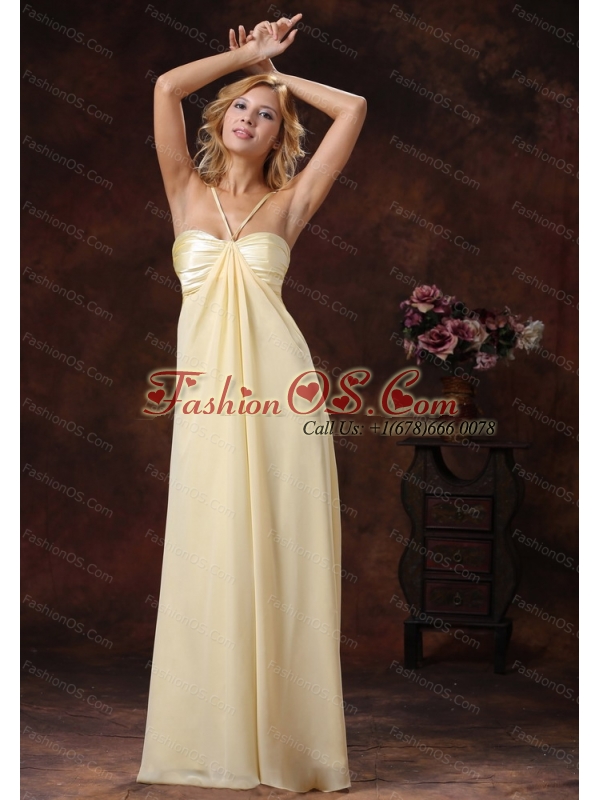2013 Long Light Yellow Straps Ruched Bodice Dama Dresss