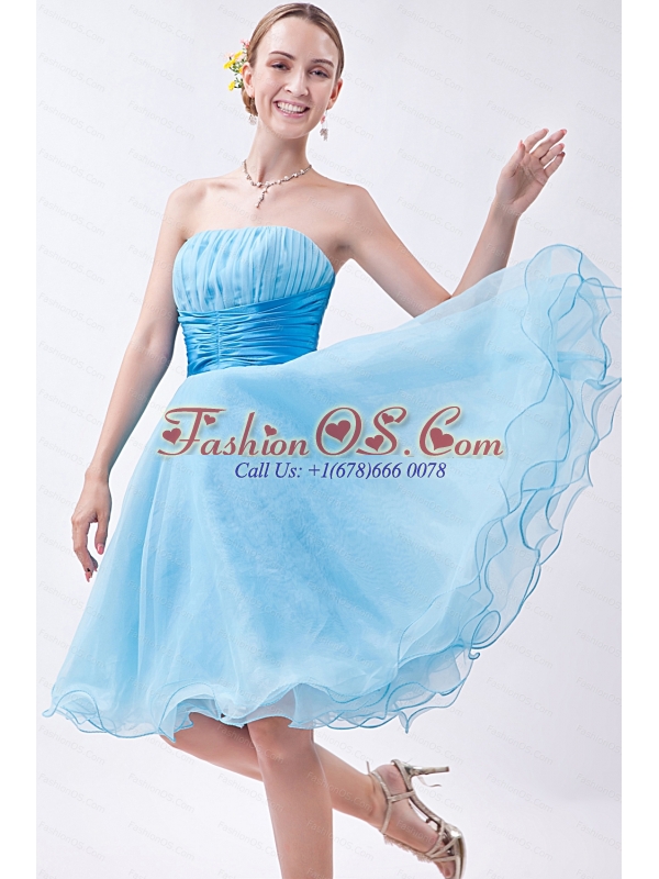 2013 Short A-line Organza Ruch Baby Blue Dama Dress