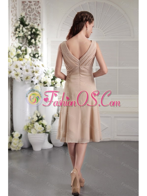 2013 Simple V-neck Champagne Tea-length Pleat Dama Dress