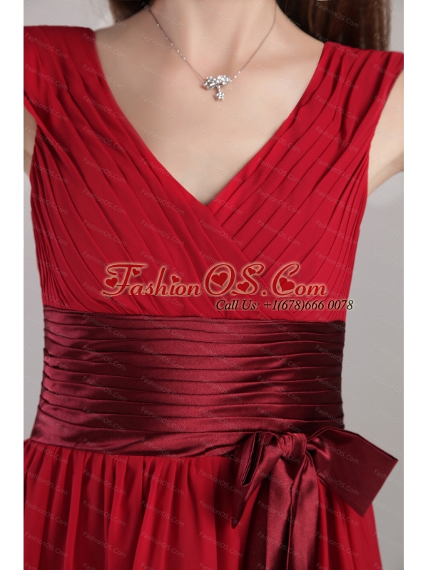 Cheap Sash V-neck Empire Wine Red Dama Dress