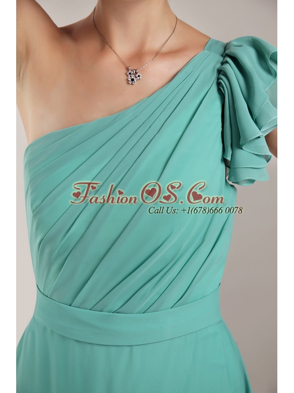 Long Turquoise Colum One Shoulder Chiffon Ruch Dama Dress