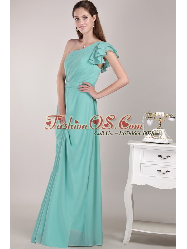 Long Turquoise Colum One Shoulder Chiffon Ruch Dama Dress