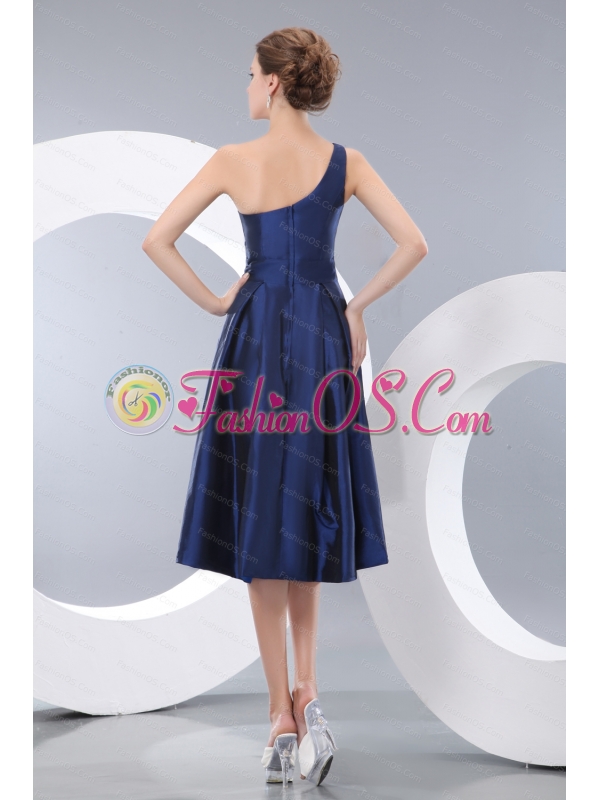 One Shoulder Navy Blue Hand Made Flowers Dama Dresses for Quinceanera