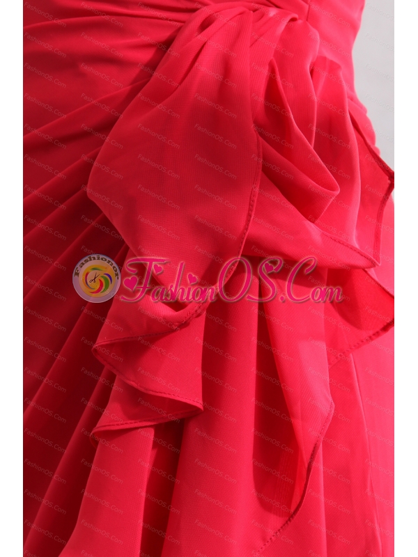 One Shoulder Red Chiffon Ruch Dama Dress For Quinceanera