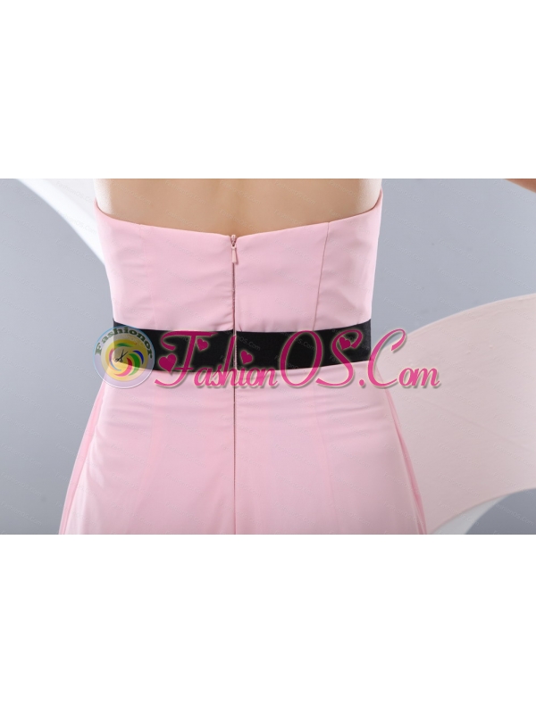 Pink Chiffon Strapless Dama Dress With Black Belt
