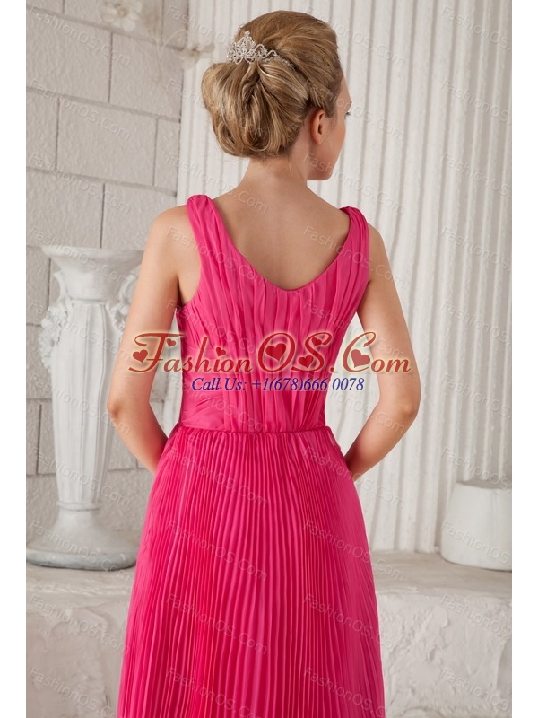 Pleat Straps Tea-length Organza Hot Pink Dama Dress