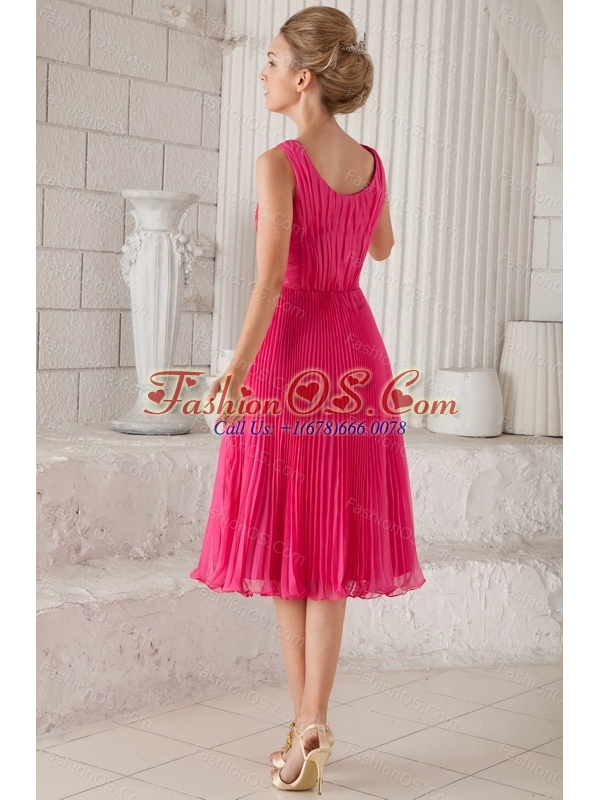 Pleat Straps Tea-length Organza Hot Pink Dama Dress