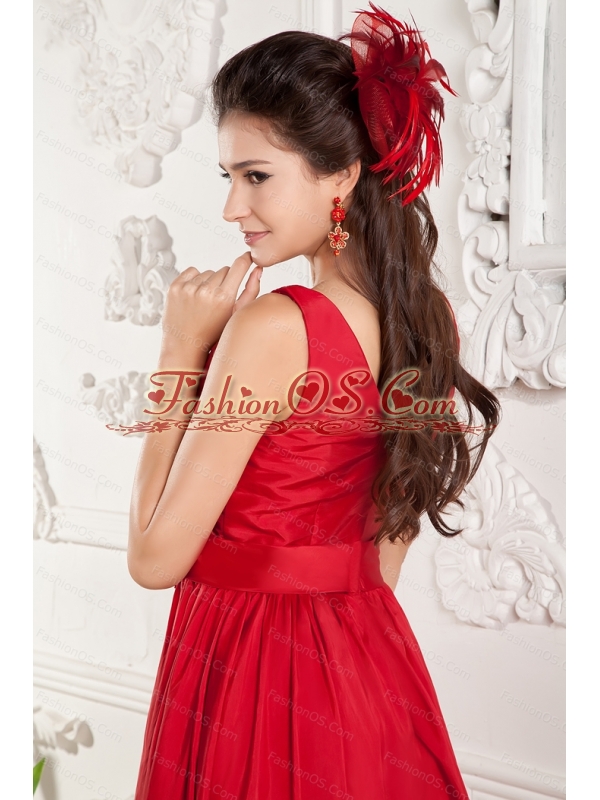 Red Short V-neck Taffeta Hand Made Flower Dama Dress On Sale