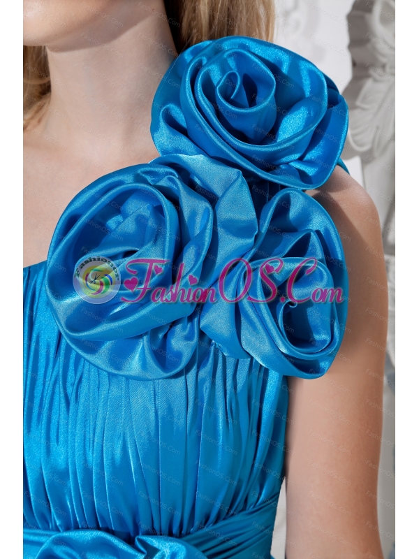 Taffeta Hand Made Flowers One Shoulder Blue Dama Dress