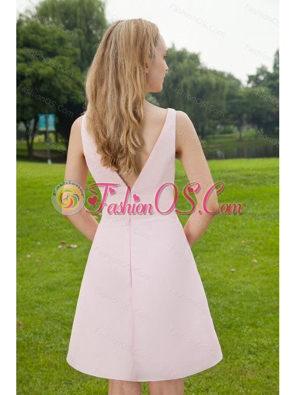 Pink V-neck Mini-length Ruch Chiffon Short Dama Dress