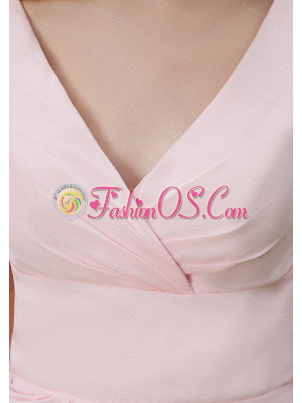 Pink V-neck Mini-length Ruch Chiffon Short Dama Dress