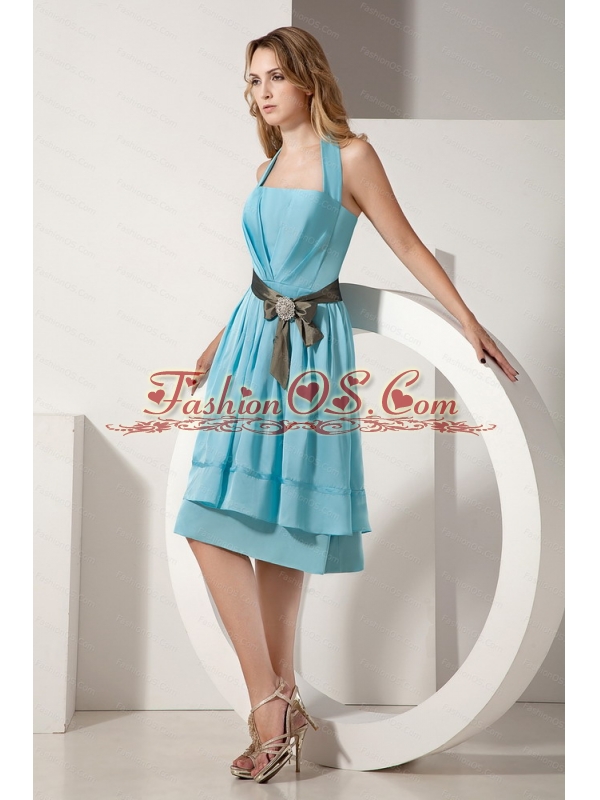 Ruch and Bow Halter Knee-length Aqua Blue Dama Dress