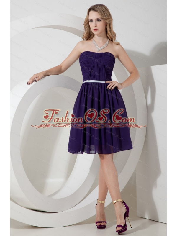 Simple Ruch Chiffon Strapless Knee-length Dama Dress