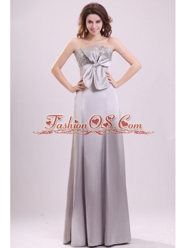 Column Strapless Beading and Bowknot Grey Taffeta Prom Dress with Floor-length