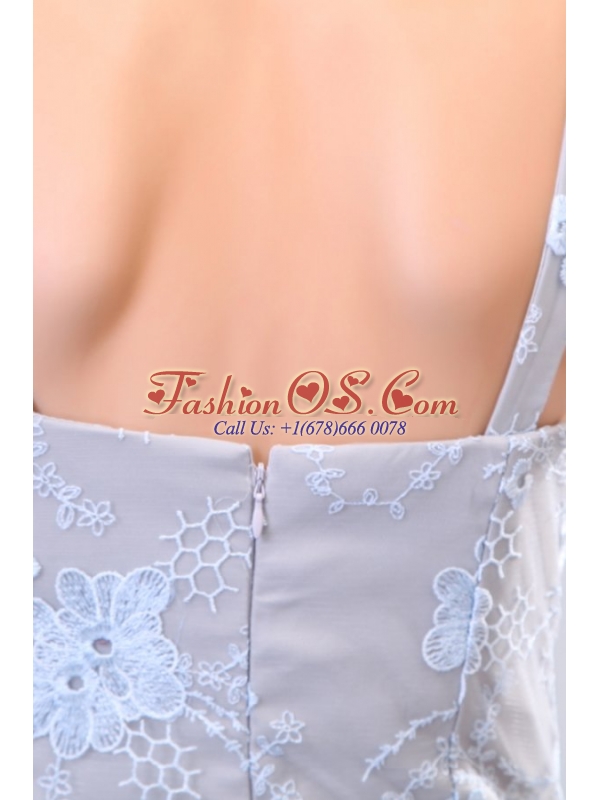Column Straps Taffeta Grey Embroidery Prom Dress with Brush Train