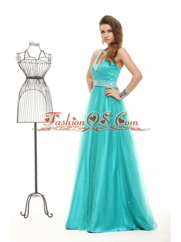 Elegant Tuquoise Beading A-line Halter Lace Up Tulle Prom Dress