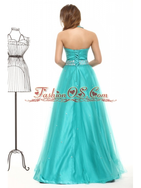 Elegant Tuquoise Beading A-line Halter Lace Up Tulle Prom Dress