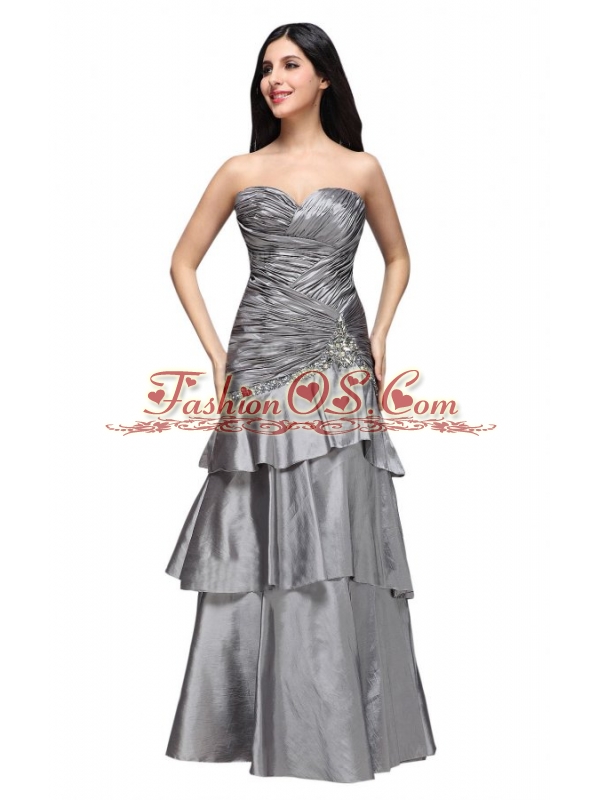 A-line Grey Sweetheart Appliques and Ruching Ruffled Layers Prom Dress