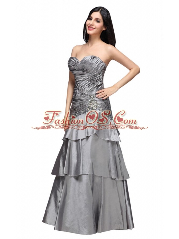 A-line Grey Sweetheart Appliques and Ruching Ruffled Layers Prom Dress
