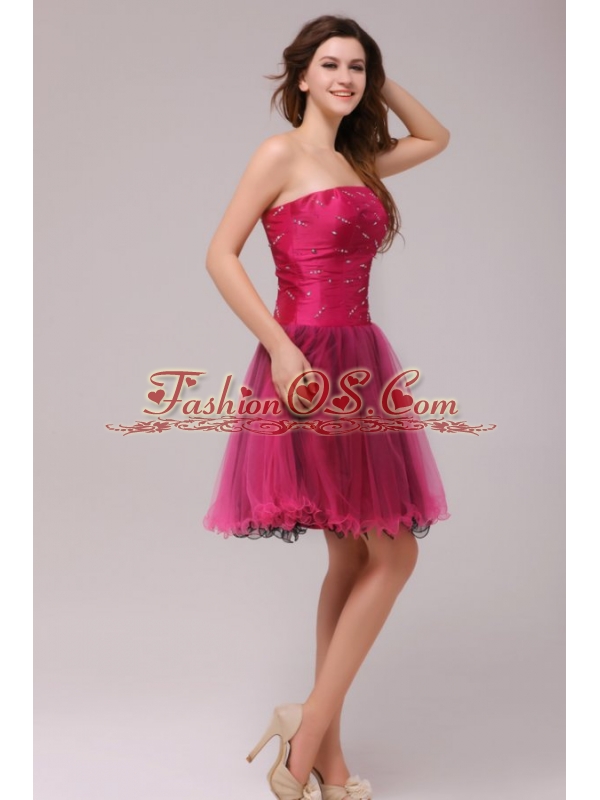 A-line Strapless Beading Organza Fuchsia Prom Dress