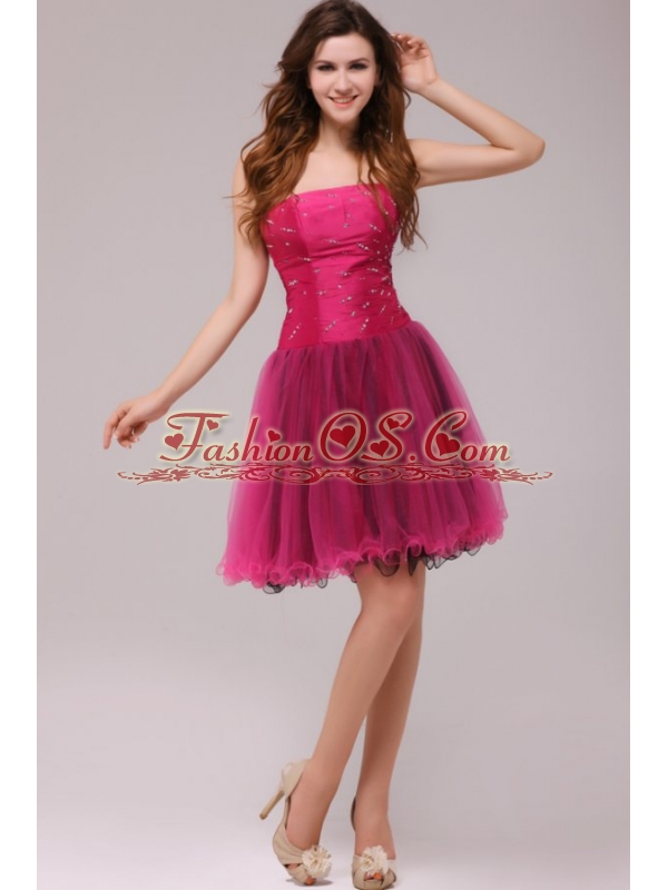 A-line Strapless Beading Organza Fuchsia Prom Dress
