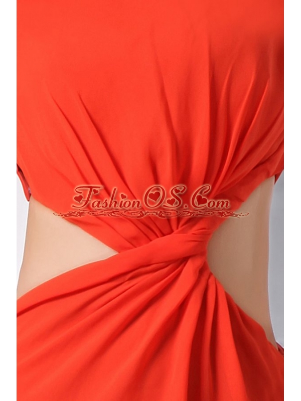 Bateau Coral Red Chiffon Ruche Long Prom Dress with Cut Out