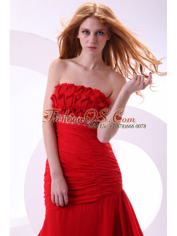 Brand new Column Strapless Ruching Brush Train Chiffon Red Prom Dress