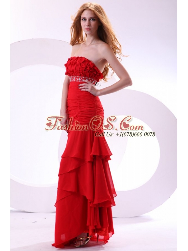 Brand new Column Strapless Ruching Brush Train Chiffon Red Prom Dress