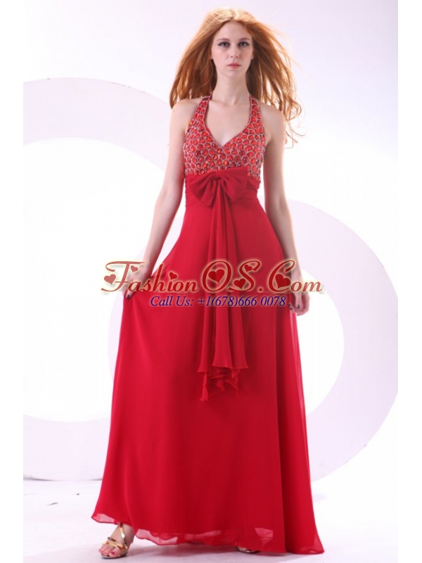 Empire Wine Red Halter Top Beading Bow Chiffon Prom Dress