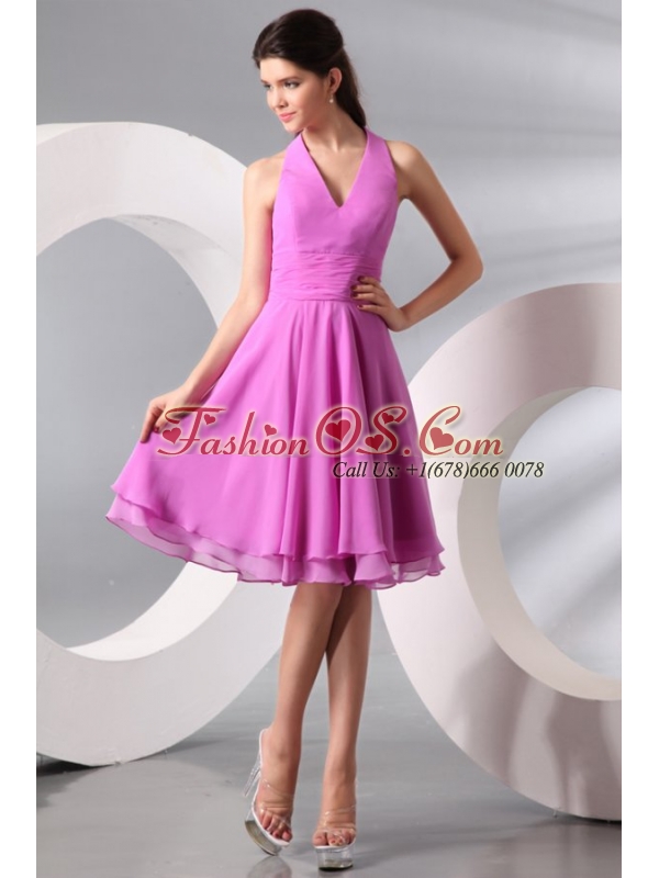 Lilac Halter Top Ruching Knee-length Chiffon Prom Dress