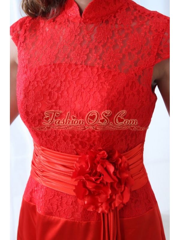 Modern Column Red Floor-length Lace Prom Dress with High Neck