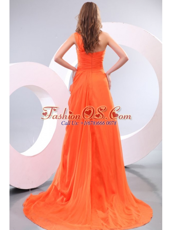 Orange Red One Shoulder Beading and Ruche Prom Dress with Court Train