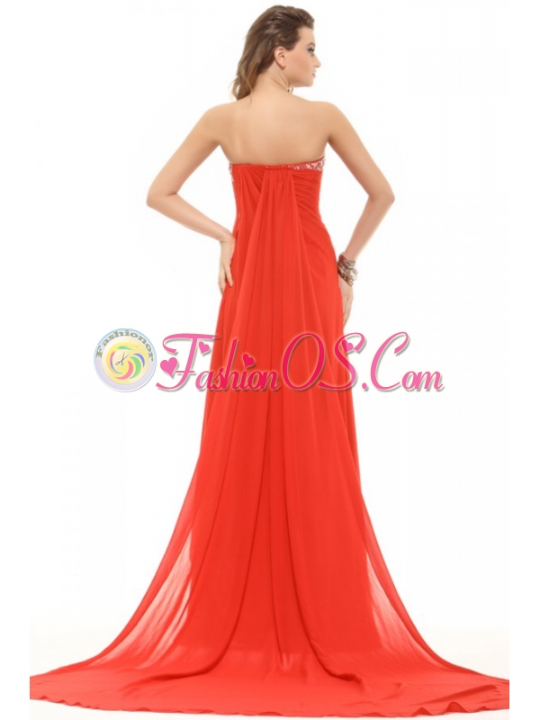 Orange Red Strapless Beading and Ruching Chiffon Prom Dress