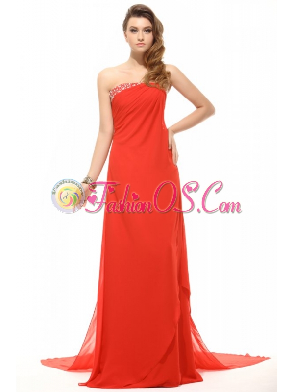 Orange Red Strapless Beading and Ruching Chiffon Prom Dress