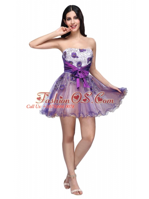 Princess Strapless Appliques Sash Organza Mini-length Prom Dress