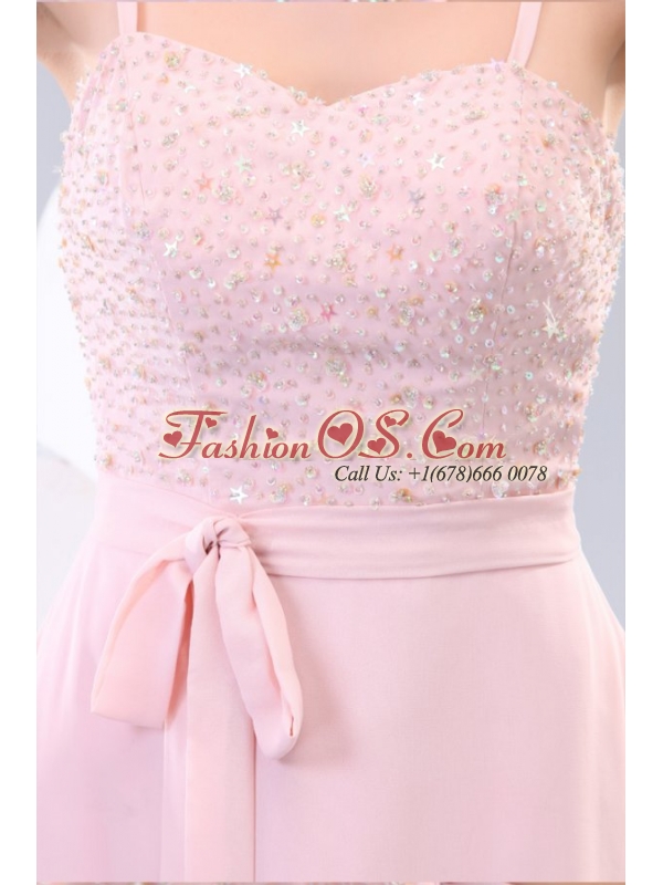 Straps Baby Pink Empire Knee-length Prom Dress with Beading and Bowknot