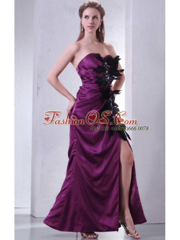 Sweetheart Column Beading and Feather Prom Dress in Dark Purple