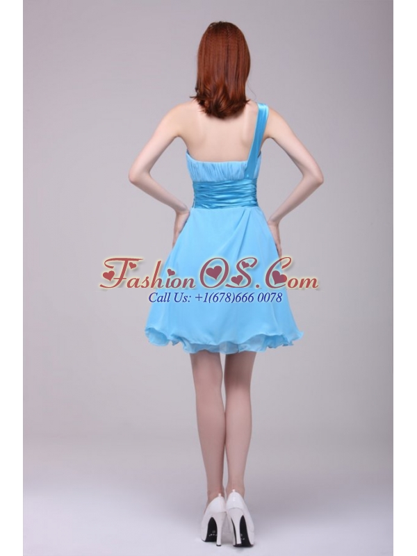 Baby Blue One Shoulder Ruching Prom Dress with Chiffon