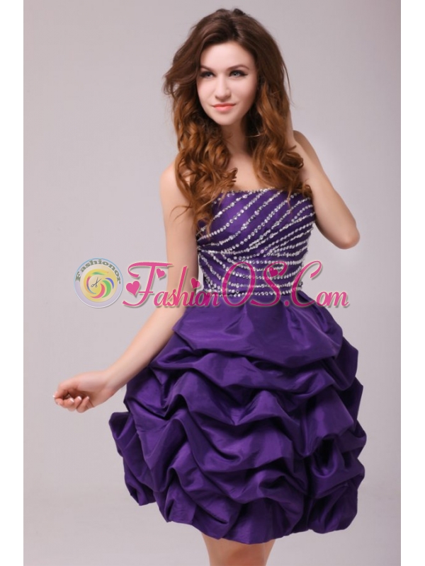 Beaded Purple Short Prom Dress with Pick-ups Mini-lengt
