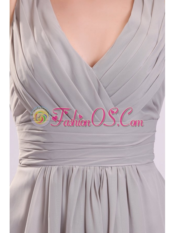 Empire Gray V-neck Ruching Chiffon Knee-length Prom Dress