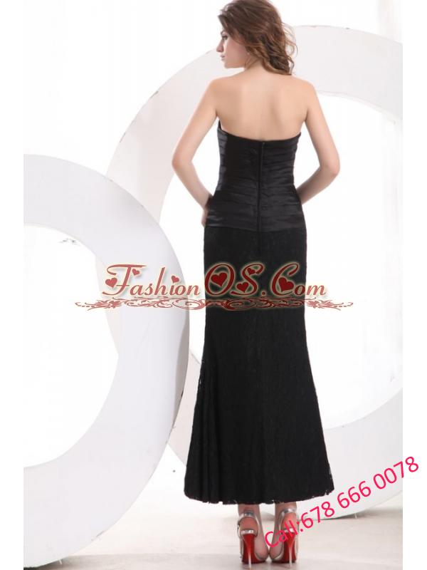 Black Column Strapless Ankle-length Lace Prom Dress with Ruching